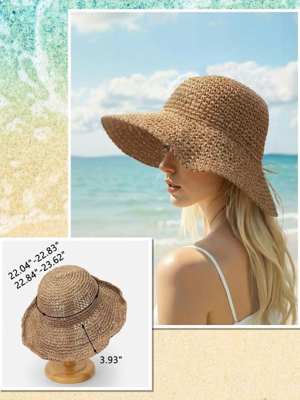 Beach Straw Hats for Women, Handmade Floppy Bucket Sun Hat for Summer Vacation W - Picture 4 of 6